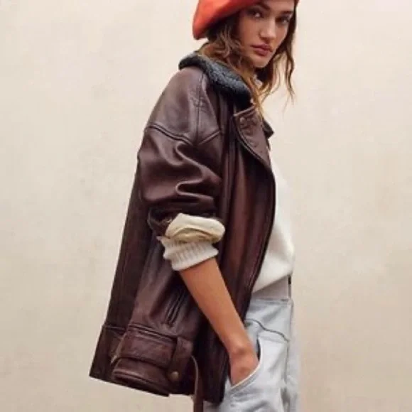 NWOT Free People Rori Slouchy Moto Genuine Leather Jacket with Sherpa Collar - Picture 3 of 9